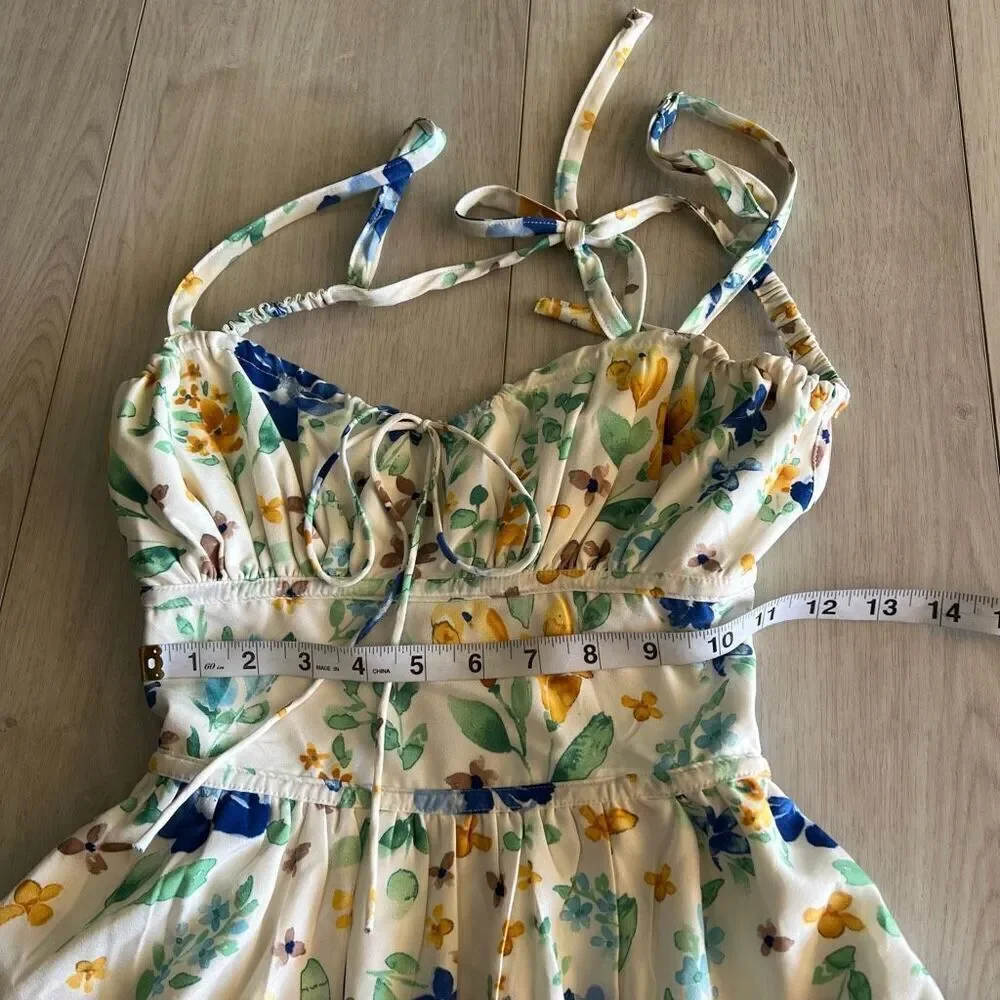 Lulus Happy Summer White Floral Print Double Tie-Back Midi Dress size xs